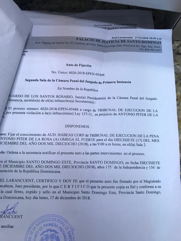 Auto de fijación de audiencia en el que se notificaba que se conocía Habeas Corpus en caso Omega